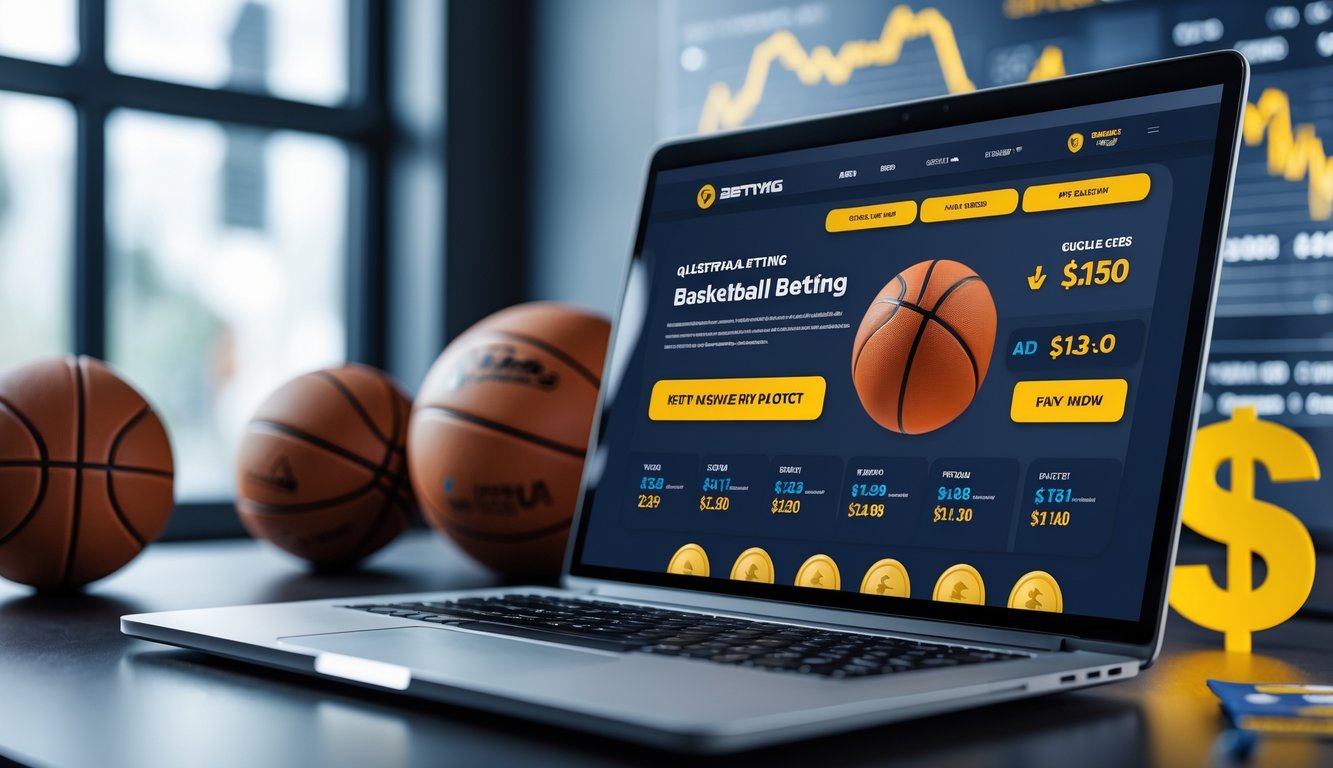 Sebuah laptop di meja kerja menampilkan situs taruhan bola basket dengan latar belakang bola basket dan grafik keuangan.