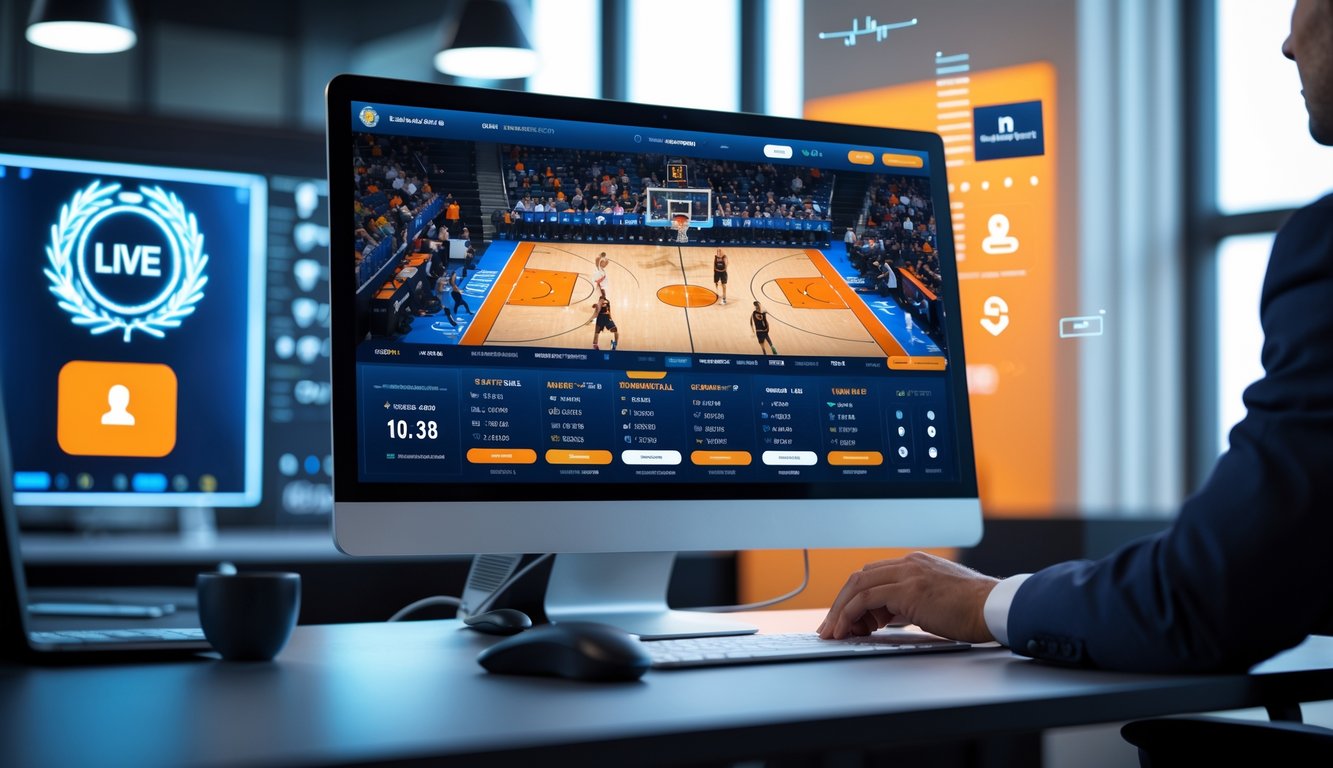 Seseorang sedang menggunakan komputer dengan tampilan permainan basket dan opsi taruhan di layar dalam ruangan kantor modern.