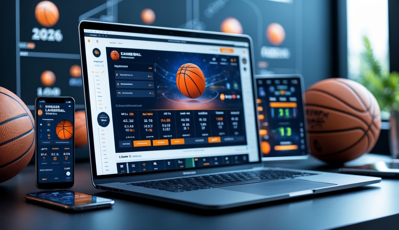 Seorang pria menggunakan laptop di meja kerja dengan bola basket dan perangkat elektronik di sekitarnya, menampilkan suasana taruhan bola basket online.