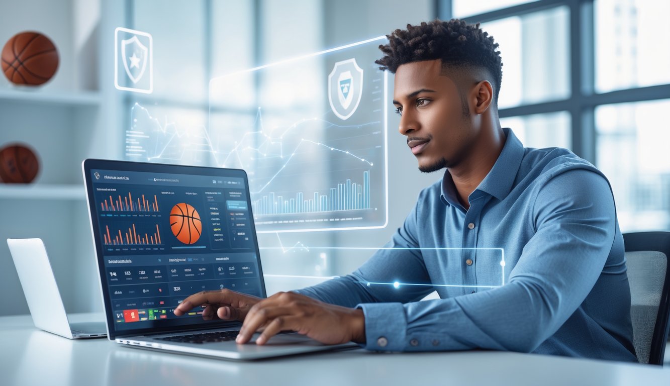Seorang pria muda duduk di meja kantor modern sambil melihat layar laptop dengan grafik dan statistik taruhan bola basket.