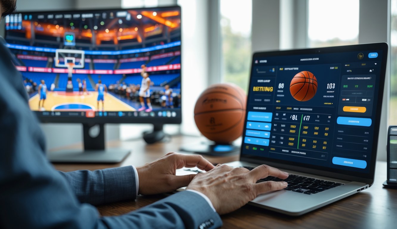 Seseorang menggunakan laptop di meja kerja dengan layar menampilkan pertandingan bola basket secara langsung.