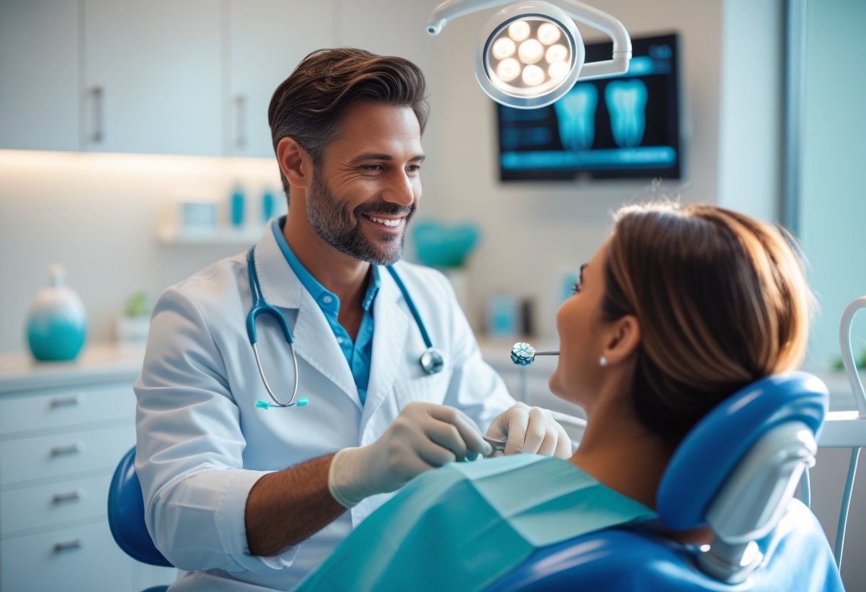 A dentist interacting with a patient in a modern dental clinic, focusing on dental implants.