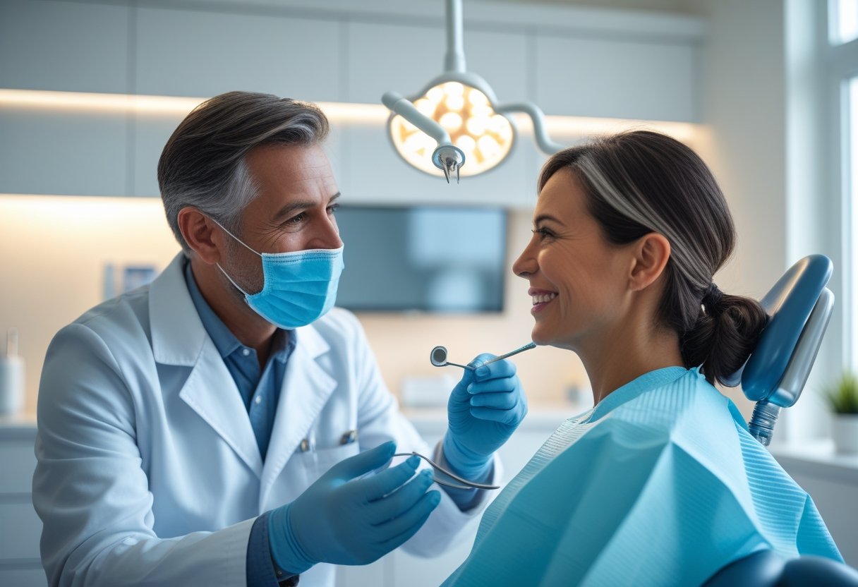 A dentist and a patient talking in a modern dental clinic, with the dentist explaining dental implant options.