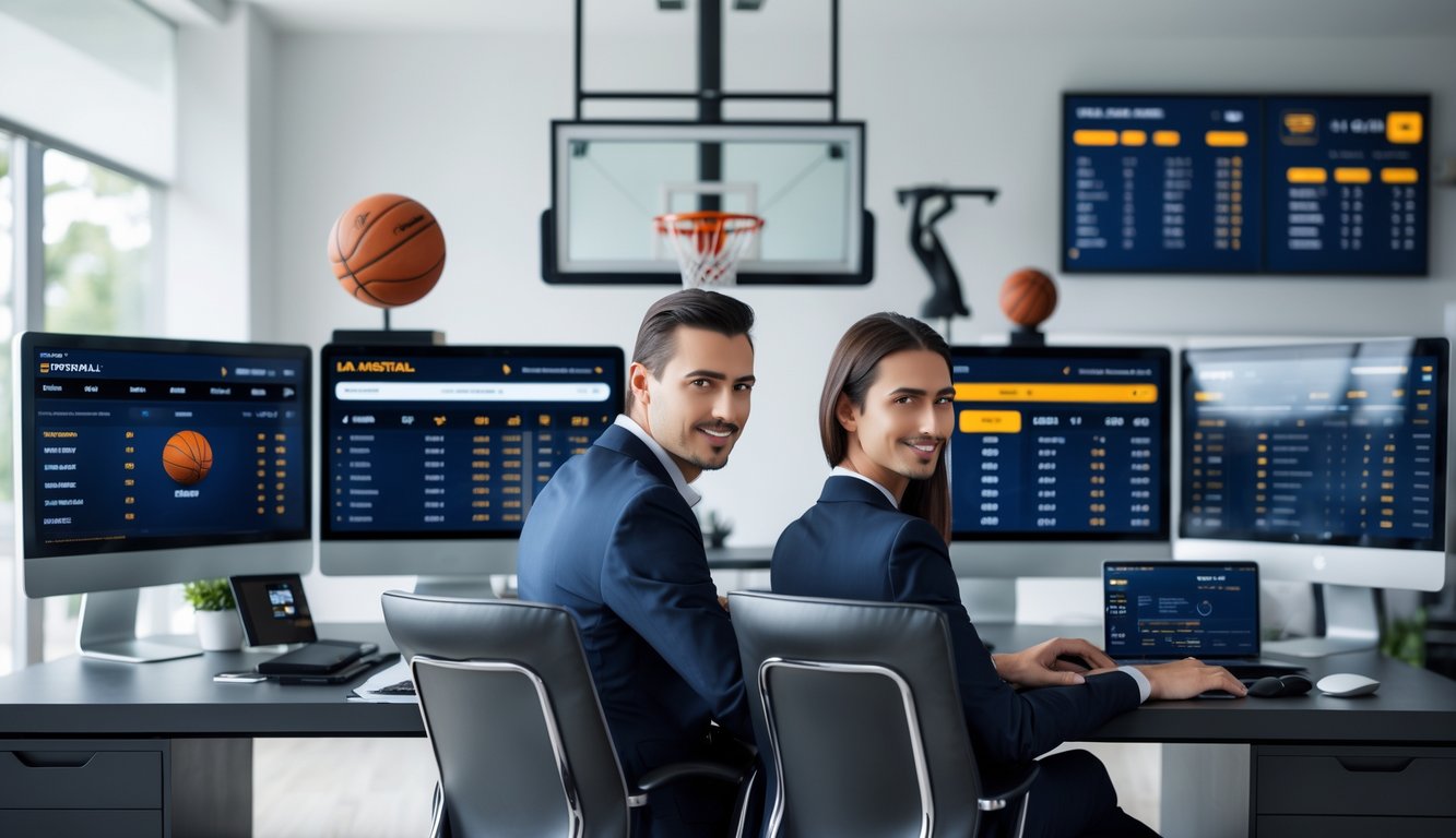 Seorang pria dan wanita duduk di depan komputer yang menampilkan statistik dan skor pertandingan bola basket dalam ruangan kantor modern.