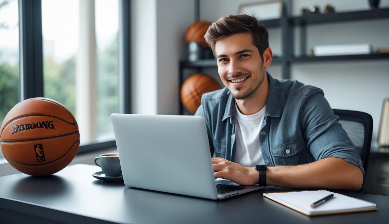 Seorang dewasa muda duduk di meja dengan laptop terbuka, terlihat fokus dan tersenyum, di ruang kerja rumah yang terang dengan bola basket di rak dan secangkir kopi.