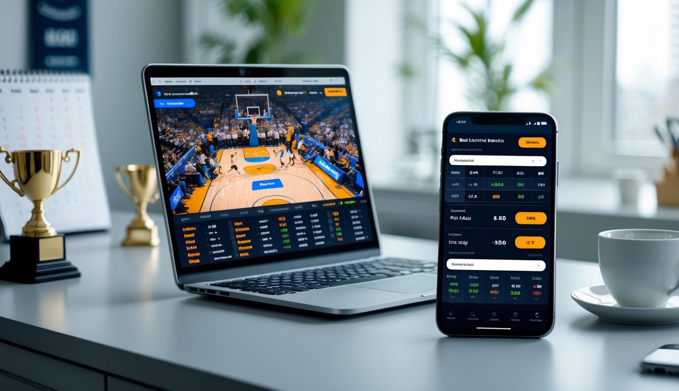 Seseorang menggunakan laptop dan ponsel untuk memasang taruhan bola basket secara online di meja kerja yang rapi.