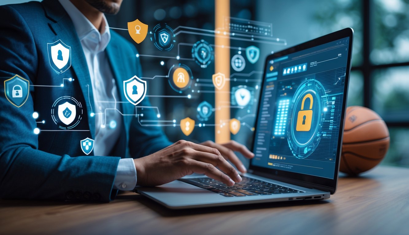 Seseorang menggunakan laptop dengan ikon keamanan digital di sekitar layar dan latar belakang bertema bola basket.