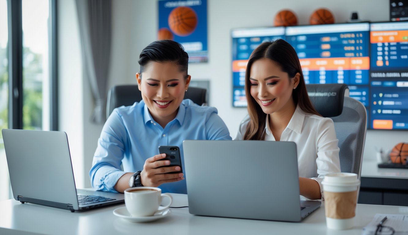 Seorang pria dan wanita Indonesia duduk di meja modern menggunakan laptop dan ponsel untuk taruhan bola basket online.