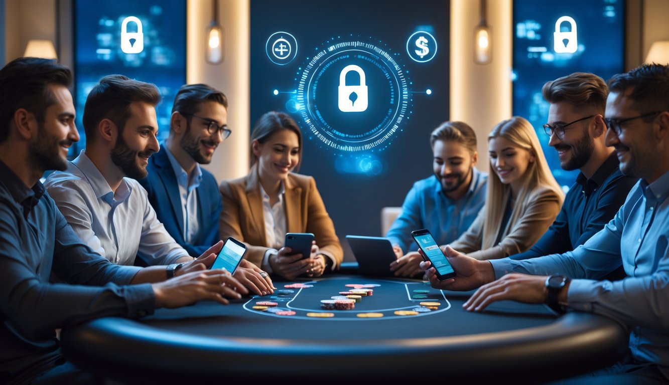 Sekelompok orang bermain poker di meja modern dengan suasana yang aman dan profesional.