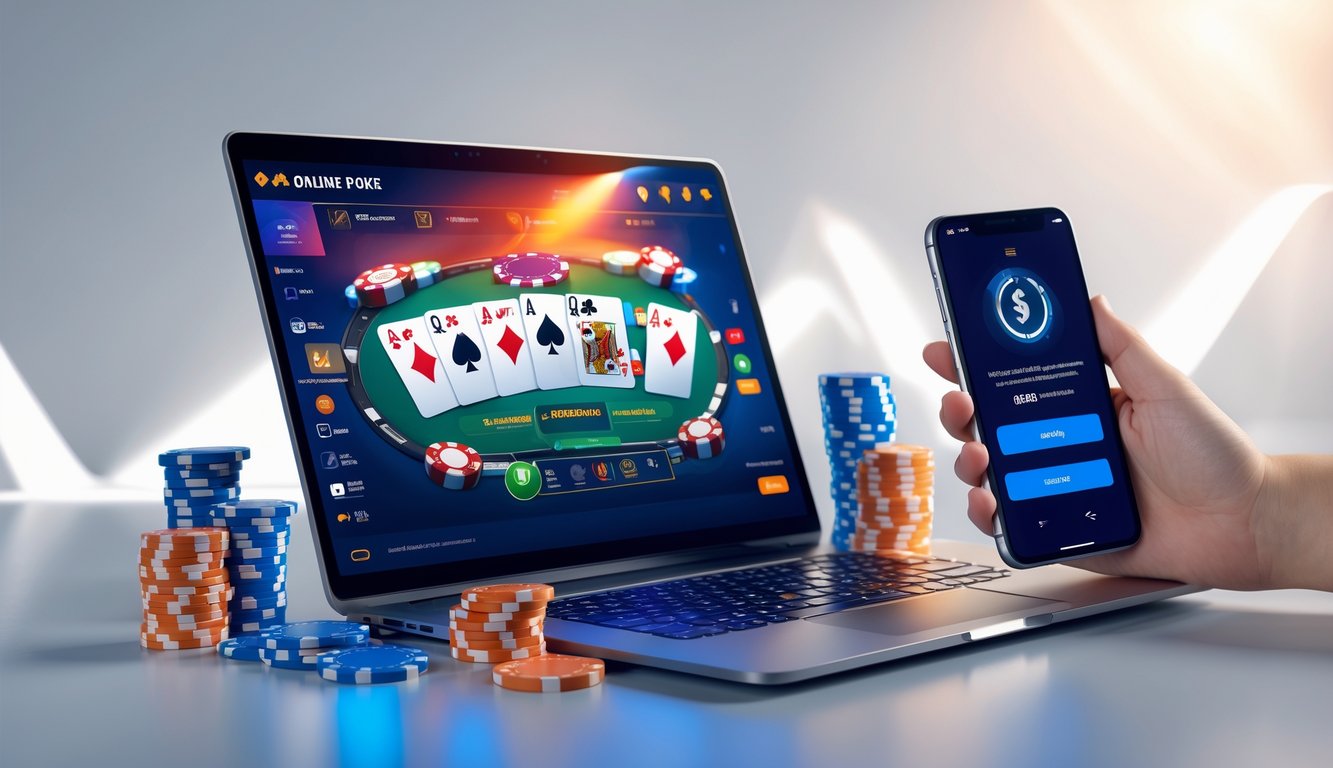 Seorang pemain poker online menggunakan laptop dengan kartu dan chip poker di layar, menunjukkan kemenangan dan kemudahan pembayaran.
