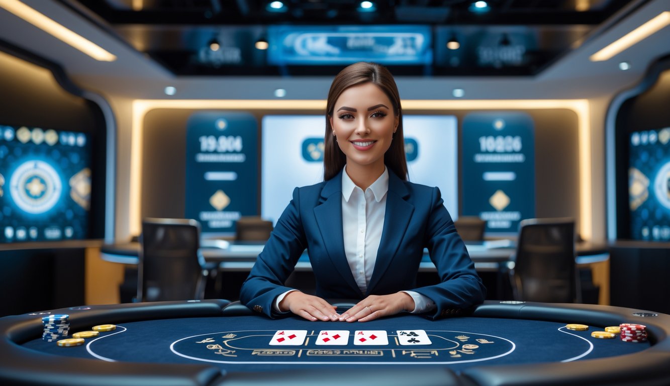Seorang dealer profesional duduk di meja poker digital dengan kartu dan chip virtual, di studio permainan yang modern dan terang.