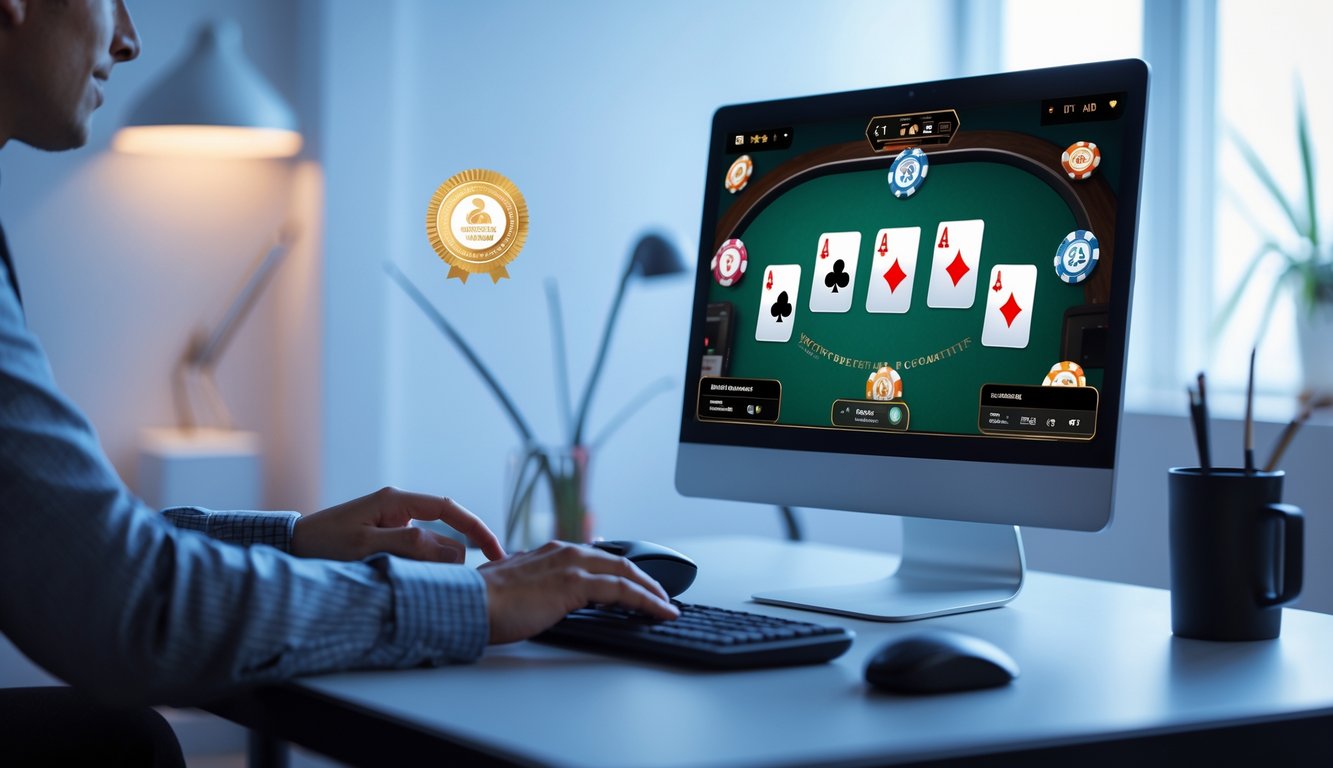 Seorang pemain poker online sedang menggunakan komputer dengan tampilan permainan poker dan chip di layar.