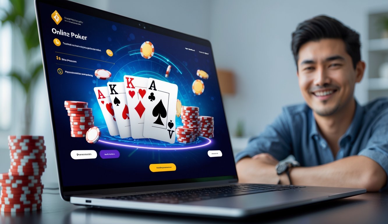 Seseorang sedang bermain poker online di komputer dengan kartu dan chip poker di layar, di ruangan yang terang dan rapi.