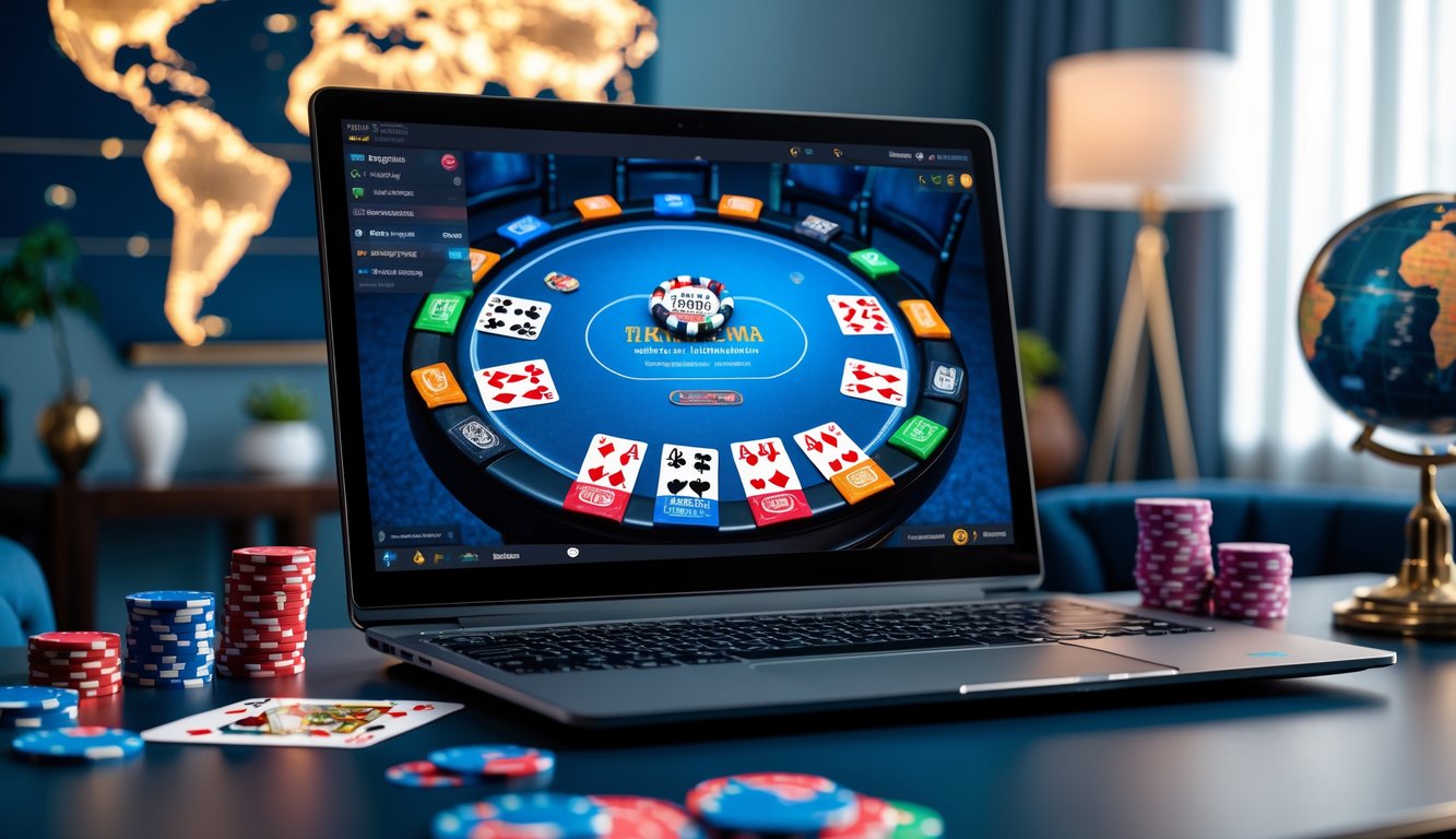 Sebuah meja dengan komputer menampilkan permainan poker online dengan chip dan kartu poker di sekitarnya.