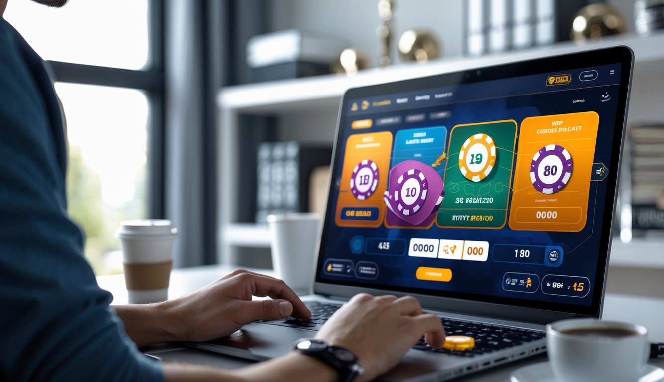 Seorang pemain poker online sedang fokus bermain di depan komputer dengan tampilan permainan poker dan chip di layar.