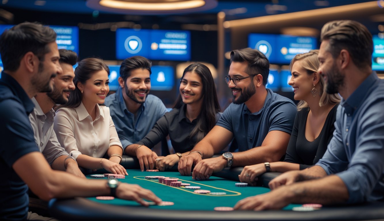 Sekelompok orang bermain poker di meja kasino yang modern dengan suasana yang aman dan terpercaya.