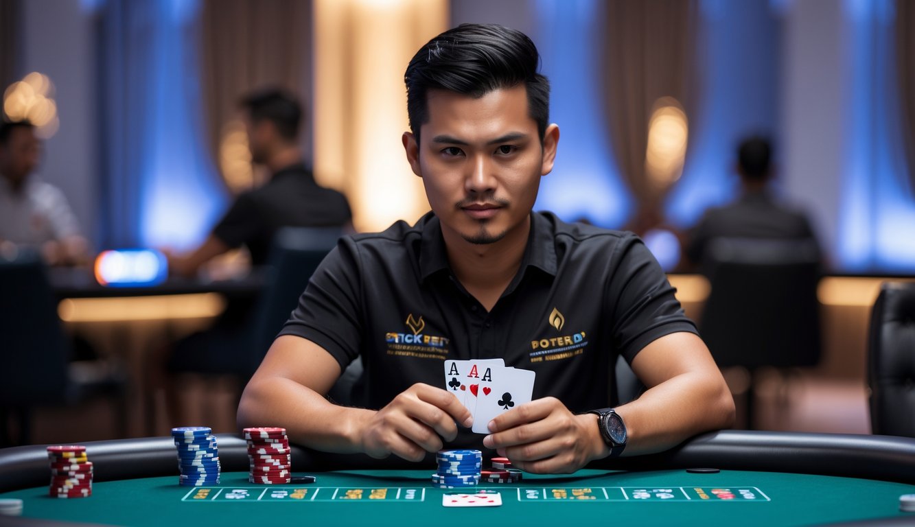 Seorang pemain poker profesional Indonesia duduk di meja poker dengan kartu dan tumpukan chip di hadapannya di dalam kasino mewah.