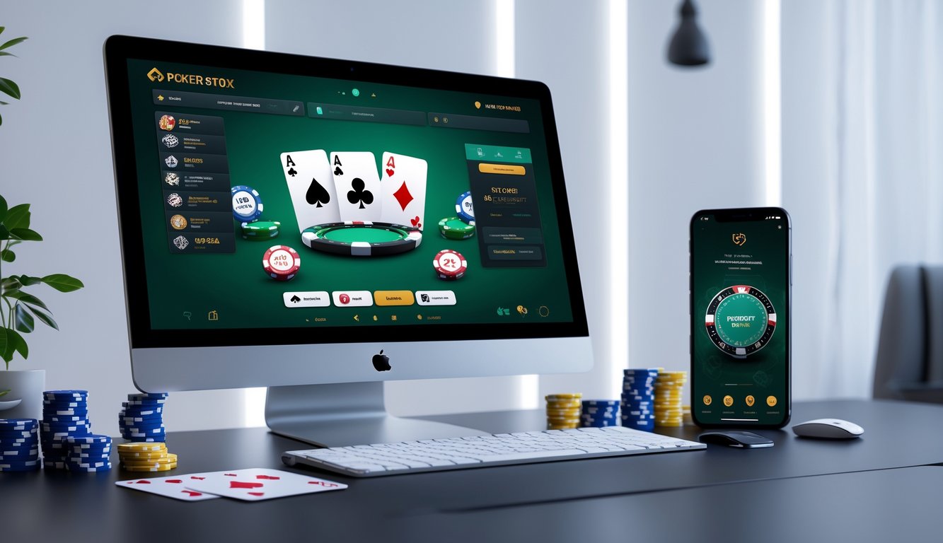 Seorang pemain poker online menggunakan komputer di meja dengan chip poker dan kartu bermain di sekitarnya.
