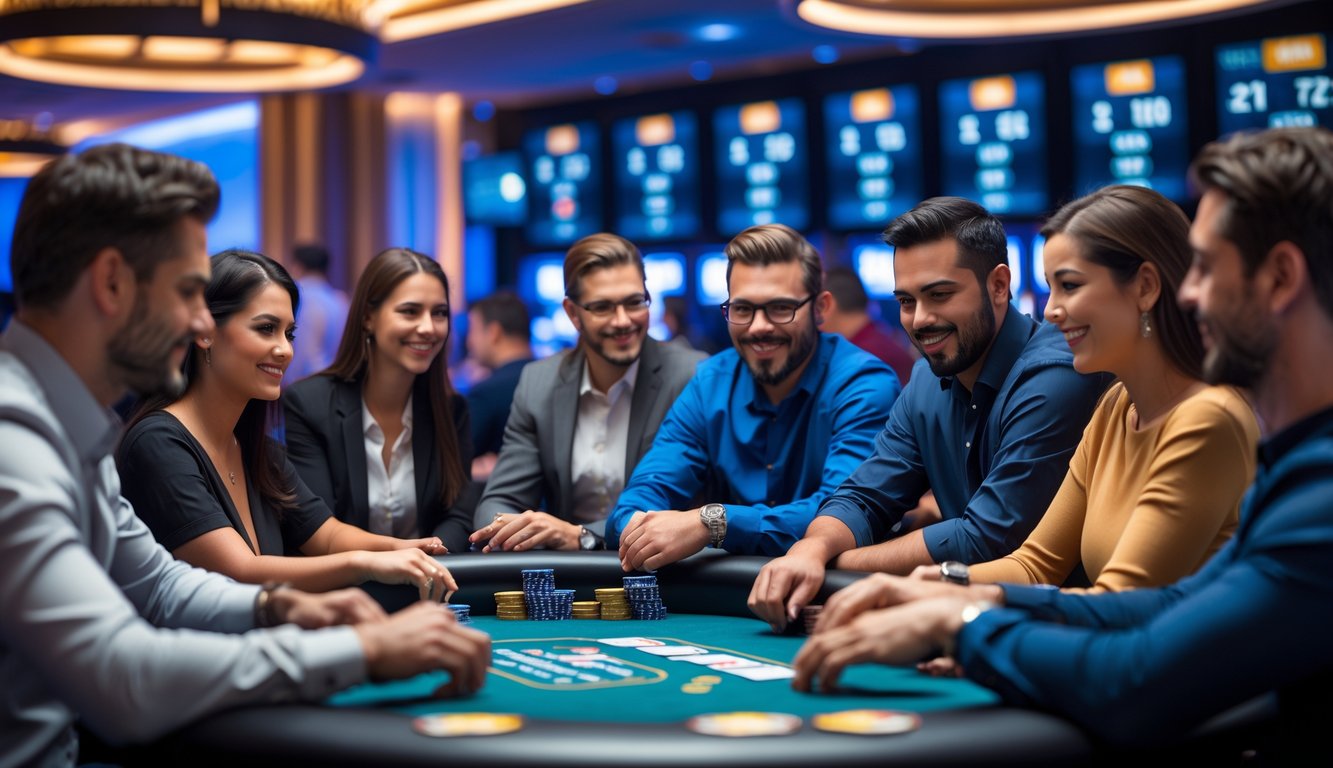 Sekelompok orang bermain poker bersama di meja kasino dengan suasana yang profesional dan penuh kepercayaan.