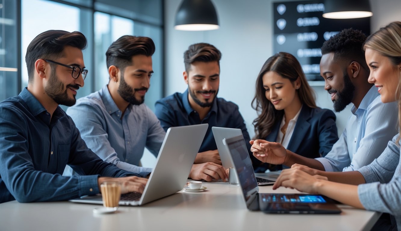 Sekelompok orang bermain poker online menggunakan laptop dan ponsel di ruang kantor modern yang terang dan rapi.