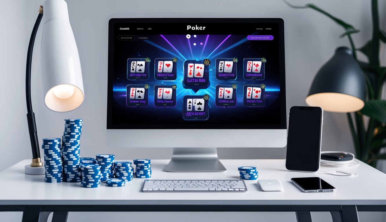Sebuah meja kerja modern dengan laptop yang menampilkan permainan poker online dan perlengkapan poker seperti chip dan kartu.