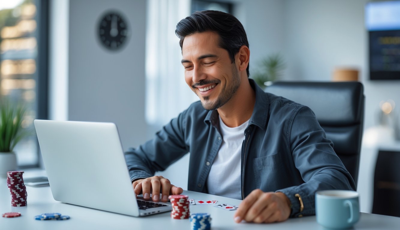 Seorang dewasa tersenyum sambil bermain poker online menggunakan laptop di ruang kerja rumah yang modern.