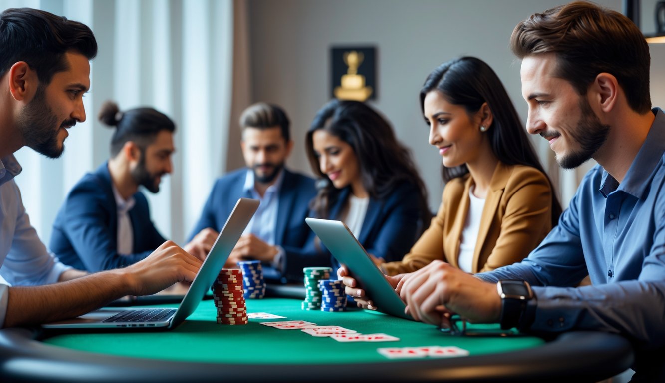 Sekelompok orang bermain poker online dengan perangkat digital di ruangan yang terang dan modern.