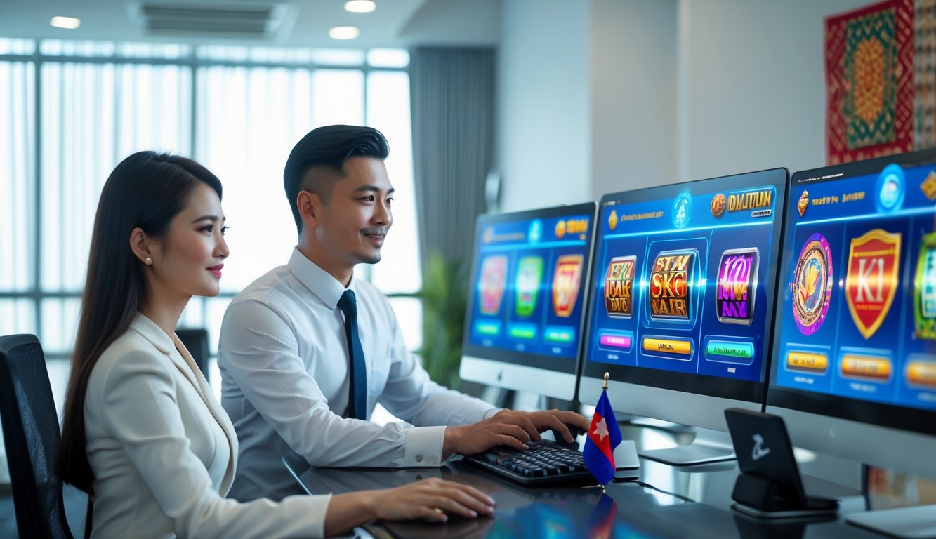 Seorang pria dan wanita sedang menggunakan komputer dengan tampilan permainan slot, di dalam ruangan kantor yang modern dan aman.