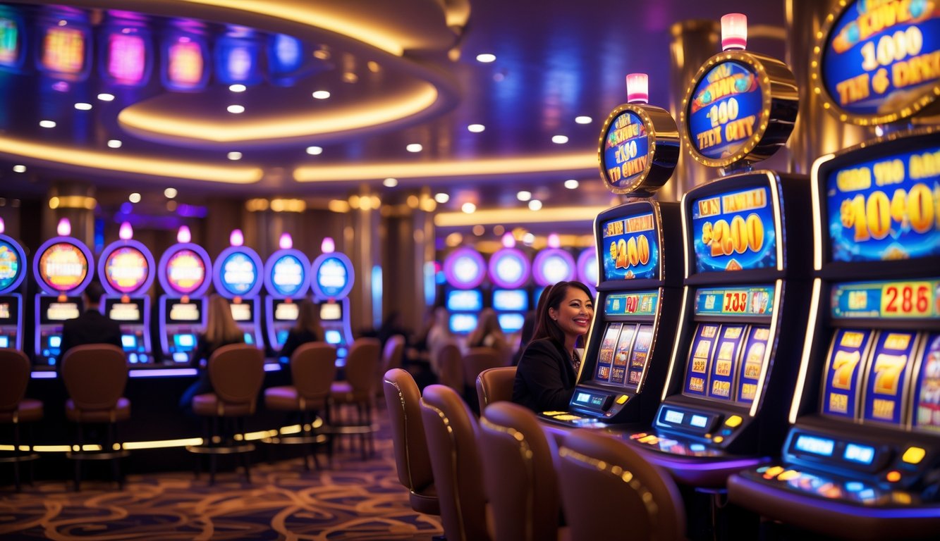 Area mesin slot yang cerah dan modern dengan beberapa pemain yang terlihat senang dan antusias bermain.