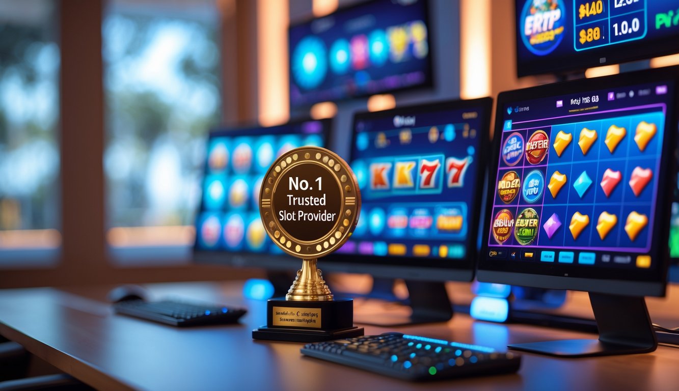 Meja modern dengan beberapa layar komputer menampilkan permainan slot warna-warni dan trofi emas yang menunjukkan penyedia slot terpercaya nomor satu.