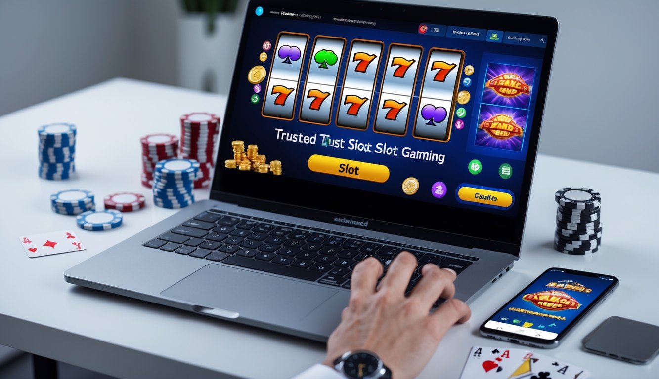 Seorang pemain menggunakan komputer dengan layar menampilkan permainan slot online berwarna-warni di meja kerja yang rapi.