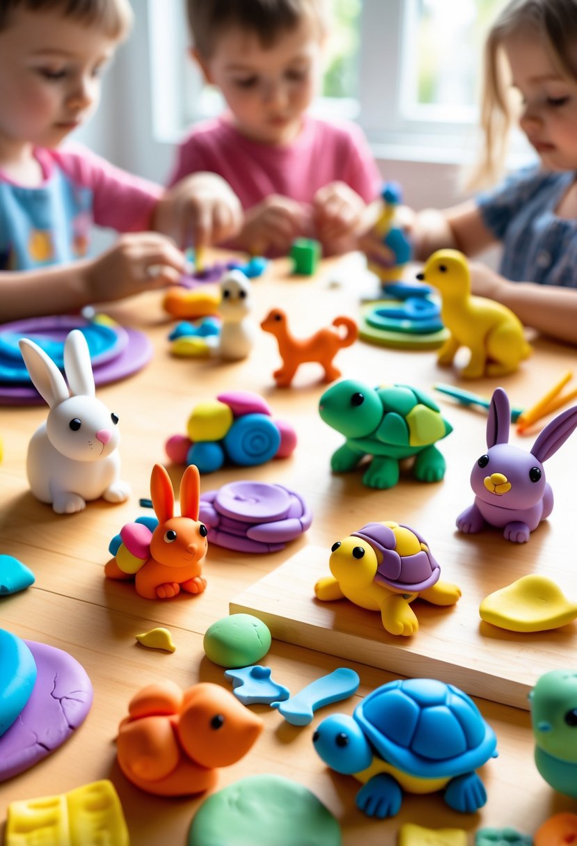A table with colorful polymer clay animal figures and children shaping clay in the background.