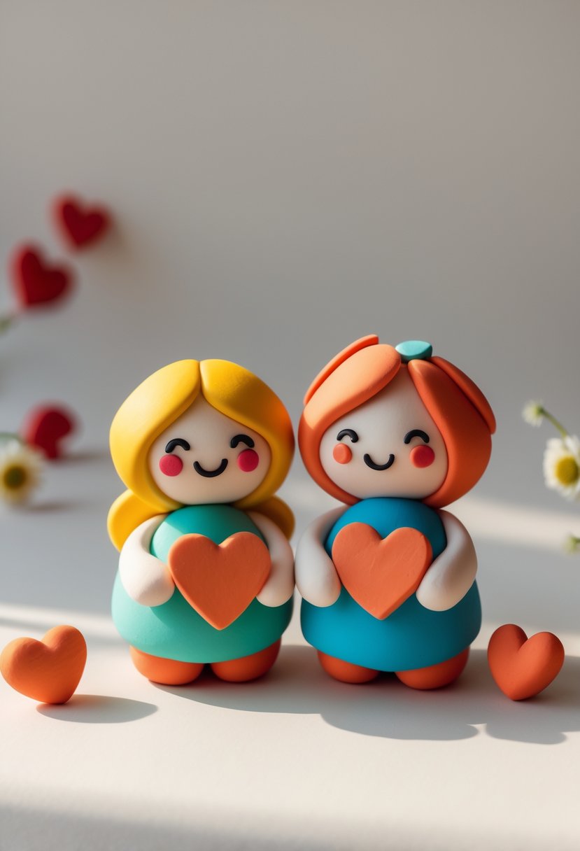 Two handmade clay figures of a couple holding hands with small hearts around them on a neutral background.