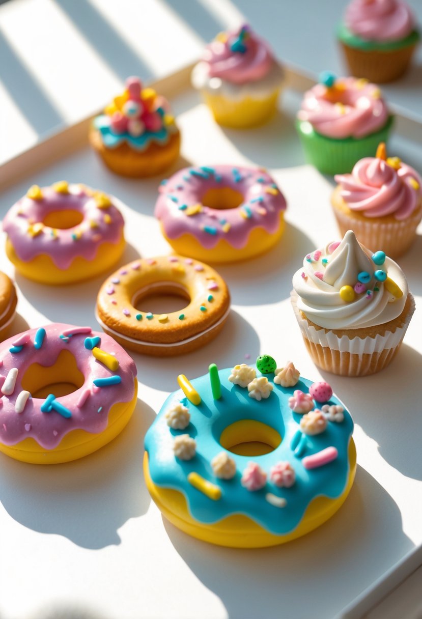 A collection of colorful miniature foam clay donuts and cupcakes arranged on a neutral background.