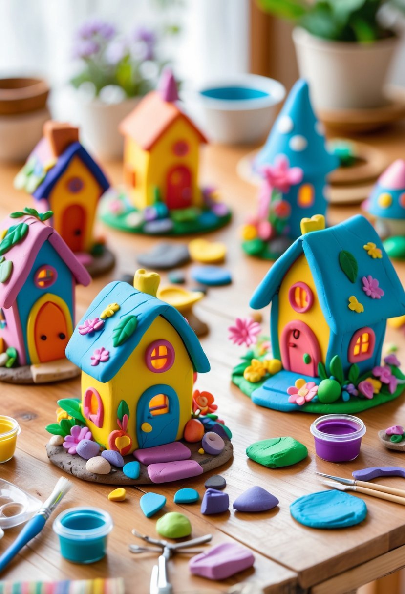 A table displaying colorful air dry clay fairy houses surrounded by paintbrushes, paints, and sculpting tools.
