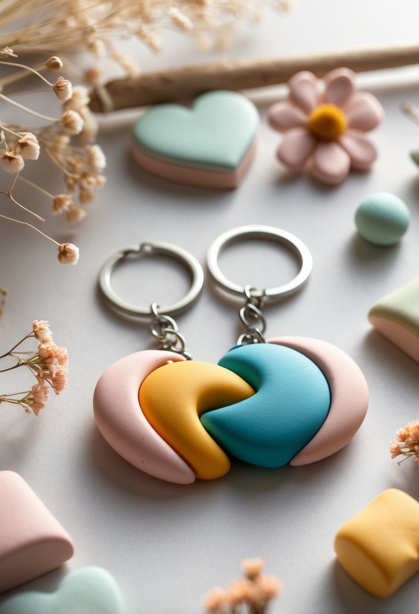 Two colorful personalized clay keychains shaped like hearts resting on a neutral surface with craft materials around them.