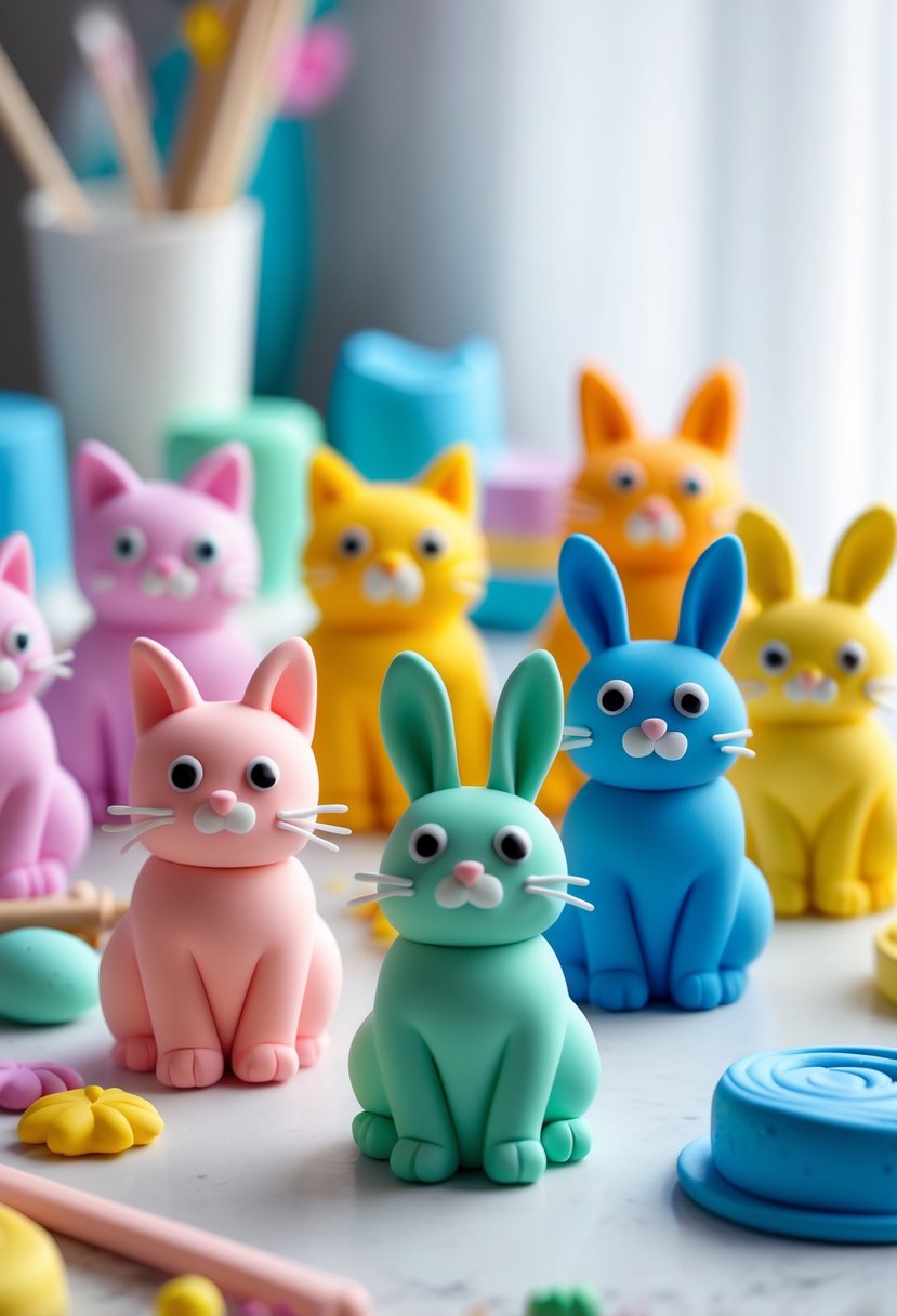A collection of colorful foam clay animal figures including cats and bunnies arranged on a crafting table with tools and clay containers.
