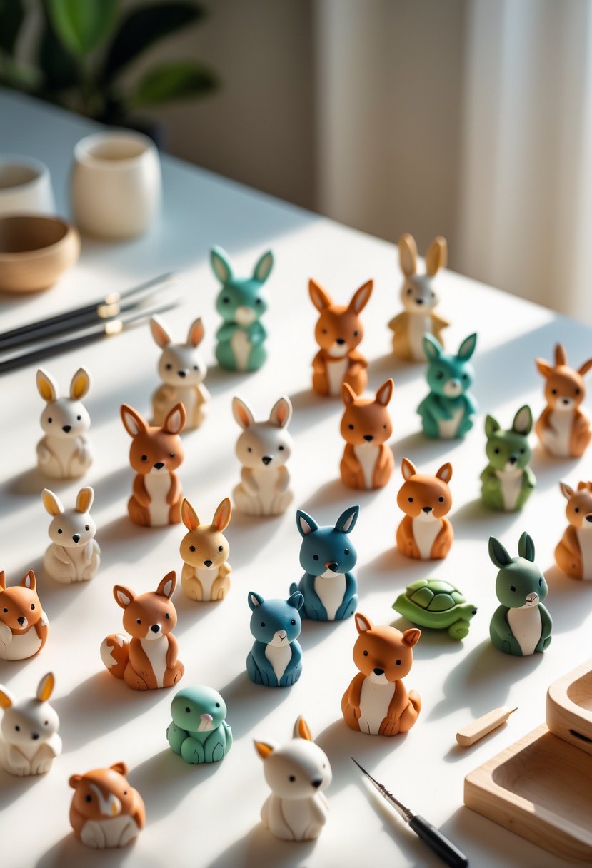 A collection of small colorful clay animal sculptures arranged on a white surface with crafting tools nearby.