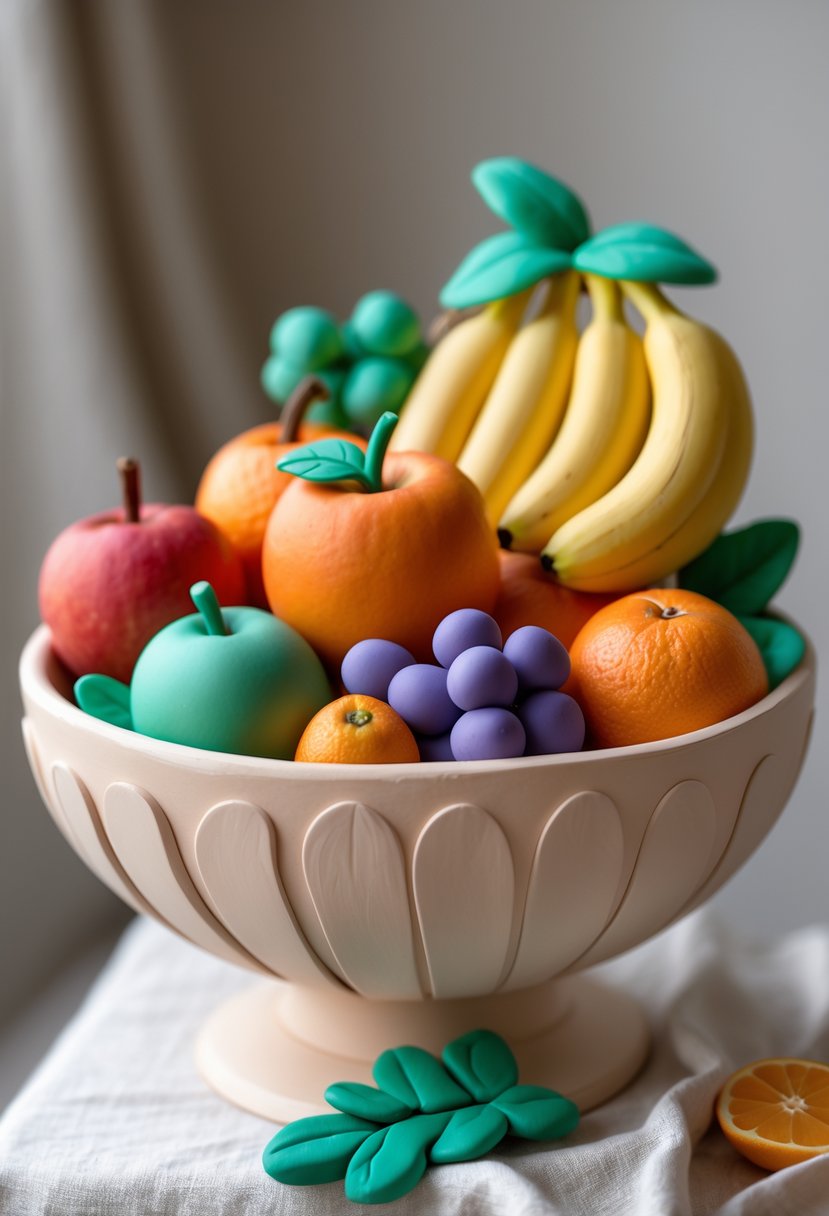 A clay fruit bowl filled with colorful clay fruits on a neutral surface.