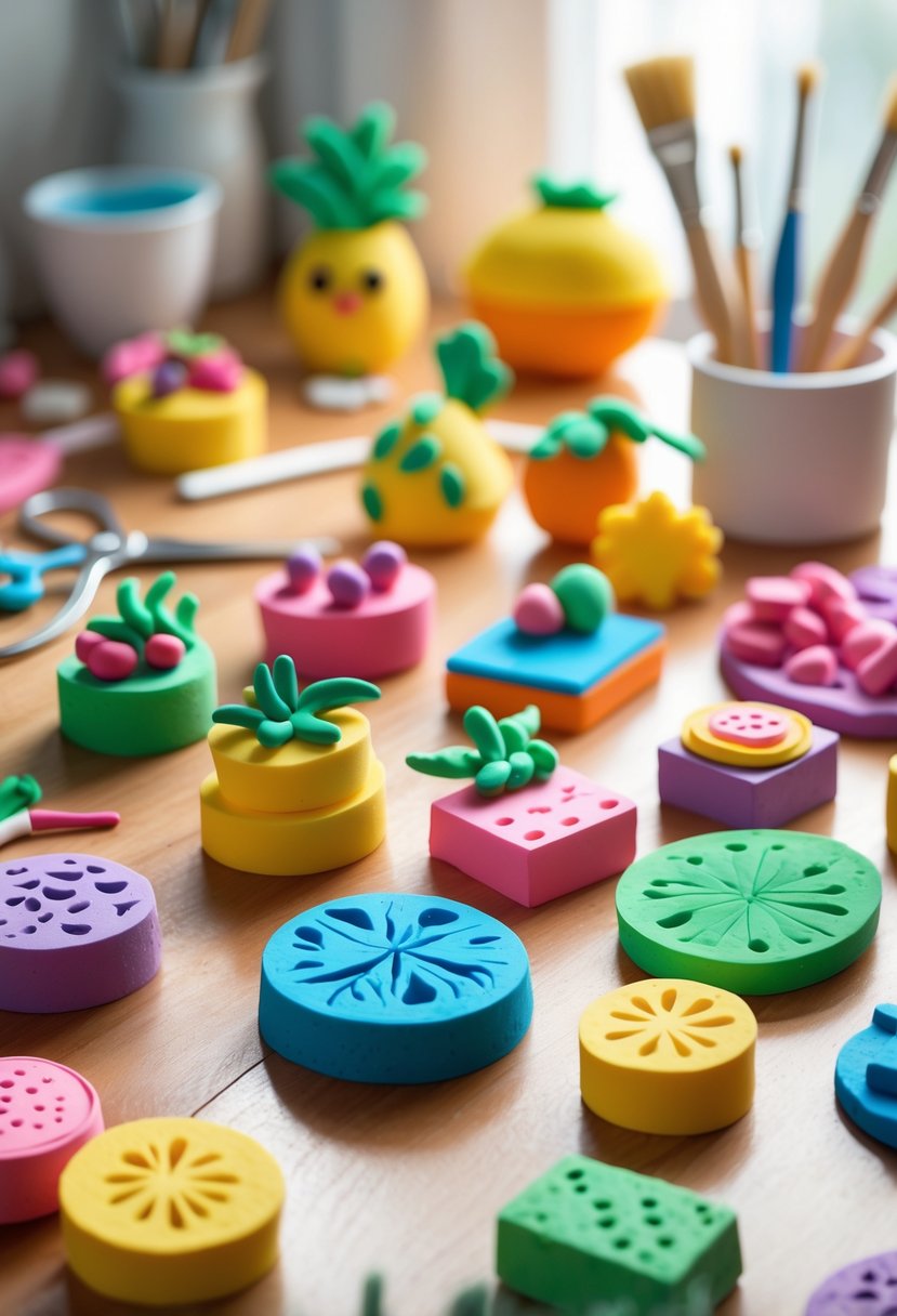 A wooden table with colorful handmade foam clay refrigerator magnets and crafting tools arranged neatly.