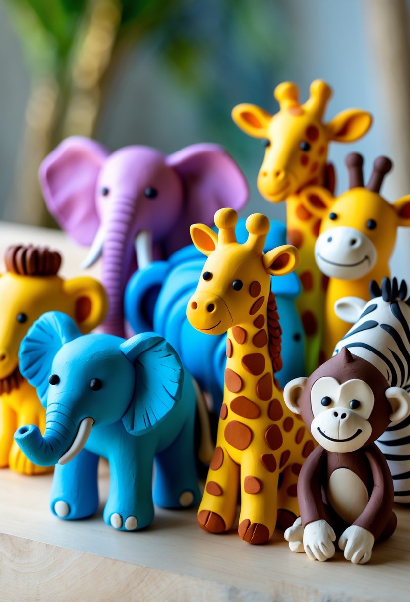 A group of colorful handmade clay zoo animals arranged together on a wooden surface.