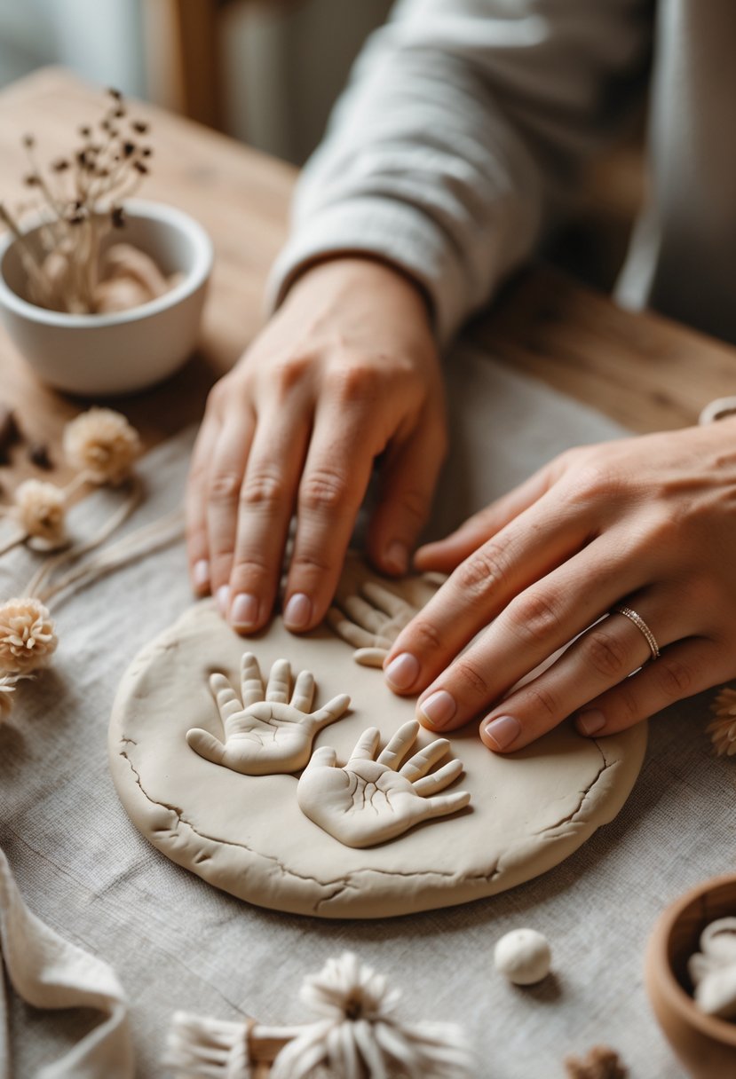 Two hands pressing into soft clay to create handprint keepsakes on a wooden table with crafting tools nearby.