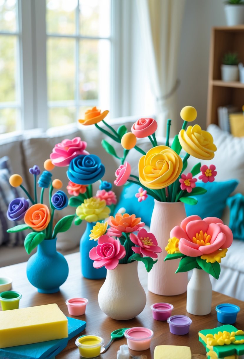 A table with colorful handmade foam clay flowers arranged in vases and crafting materials nearby in a cozy indoor setting.