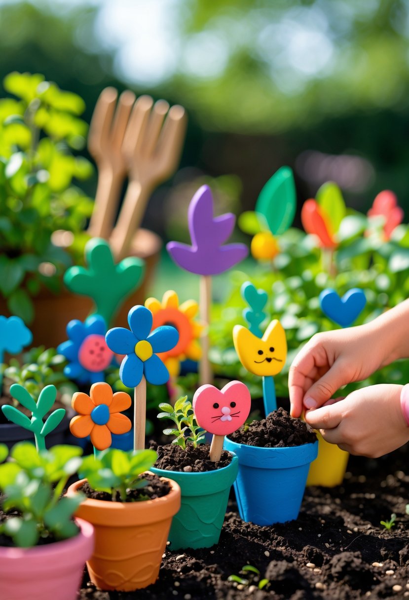 Clay plant markers in colorful designs placed in garden pots with green plants and a child's hands arranging them outdoors.