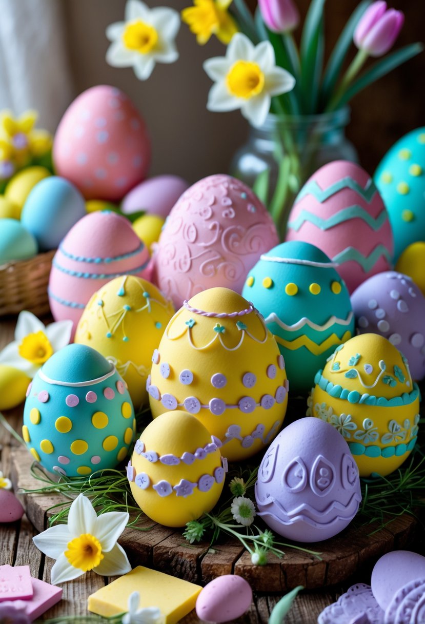 A collection of colorful Easter eggs made from foam clay arranged on a wooden table with crafting materials and spring flowers nearby.