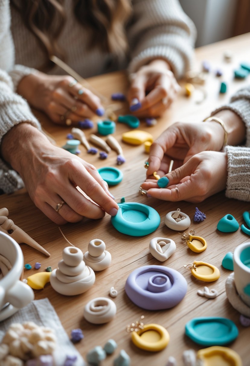A couple working together on making clay jewelry at a wooden table with colorful clay pieces and sculpting tools.