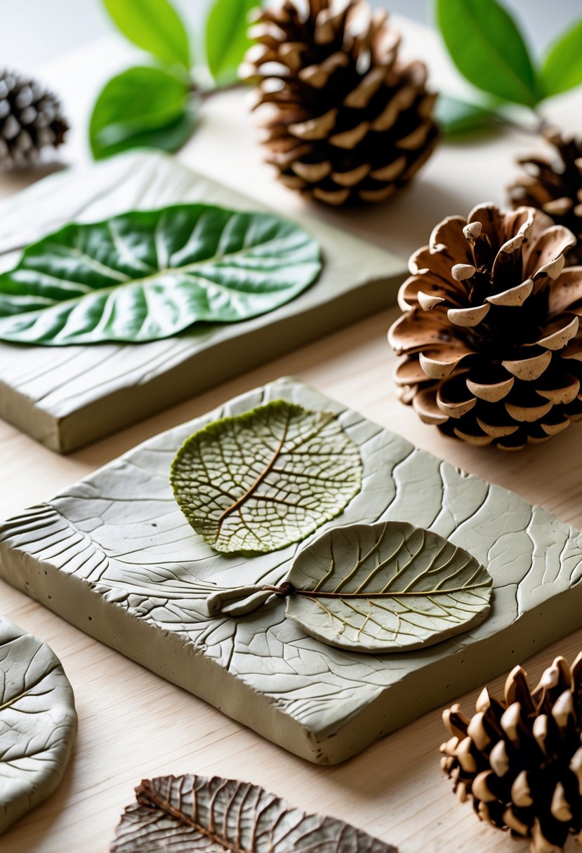 Close-up of clay slabs with imprints of leaves and pinecones arranged on a wooden surface with fresh leaves and pinecones nearby.