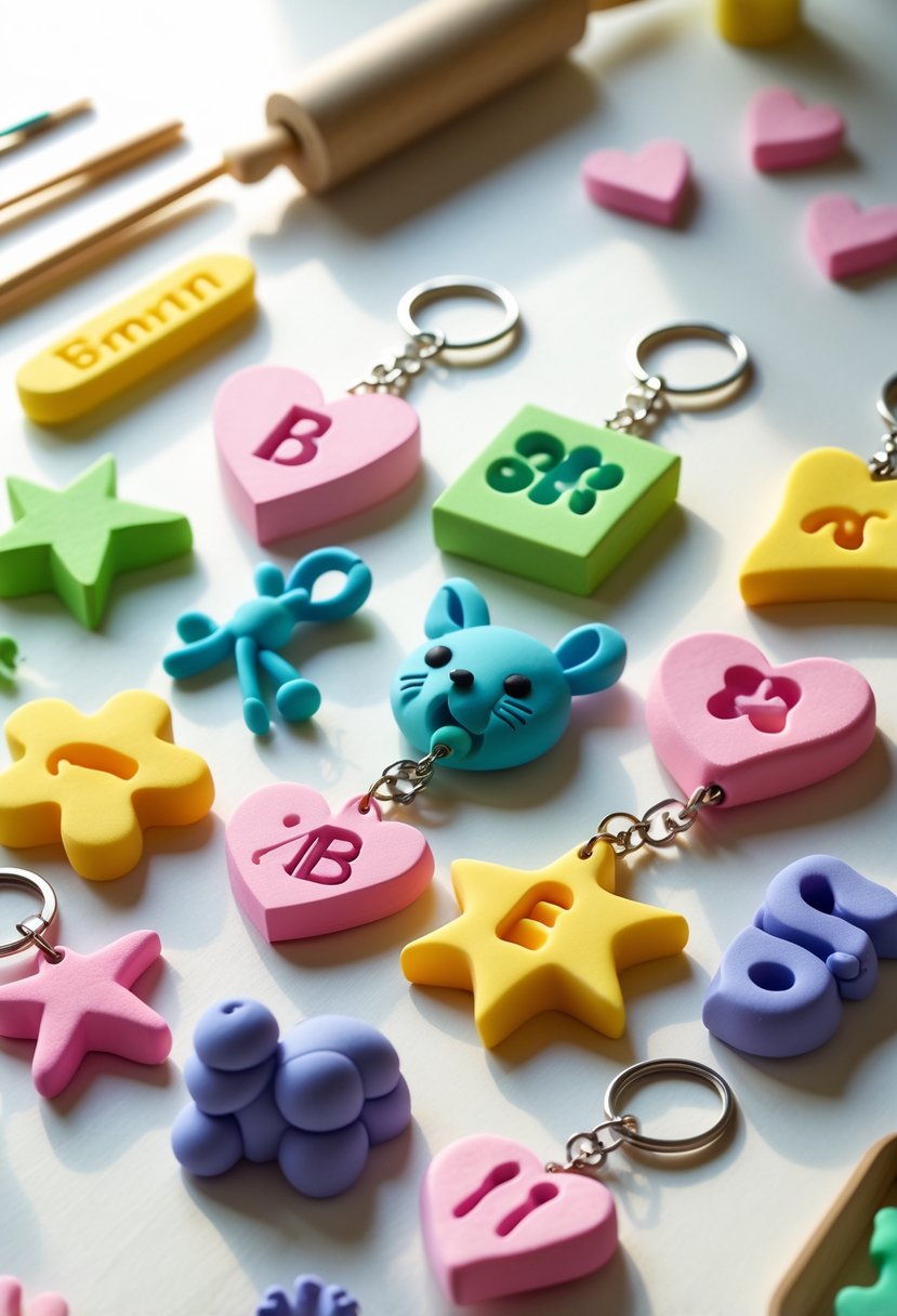 A collection of colorful personalized foam clay keychain charms arranged on a wooden surface with crafting tools nearby.