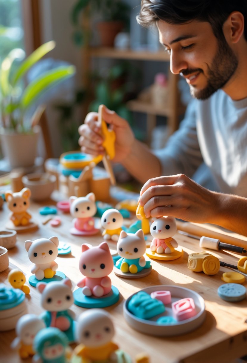 A couple sculpting small cute clay figurines together at a wooden table filled with colorful clay and sculpting tools.