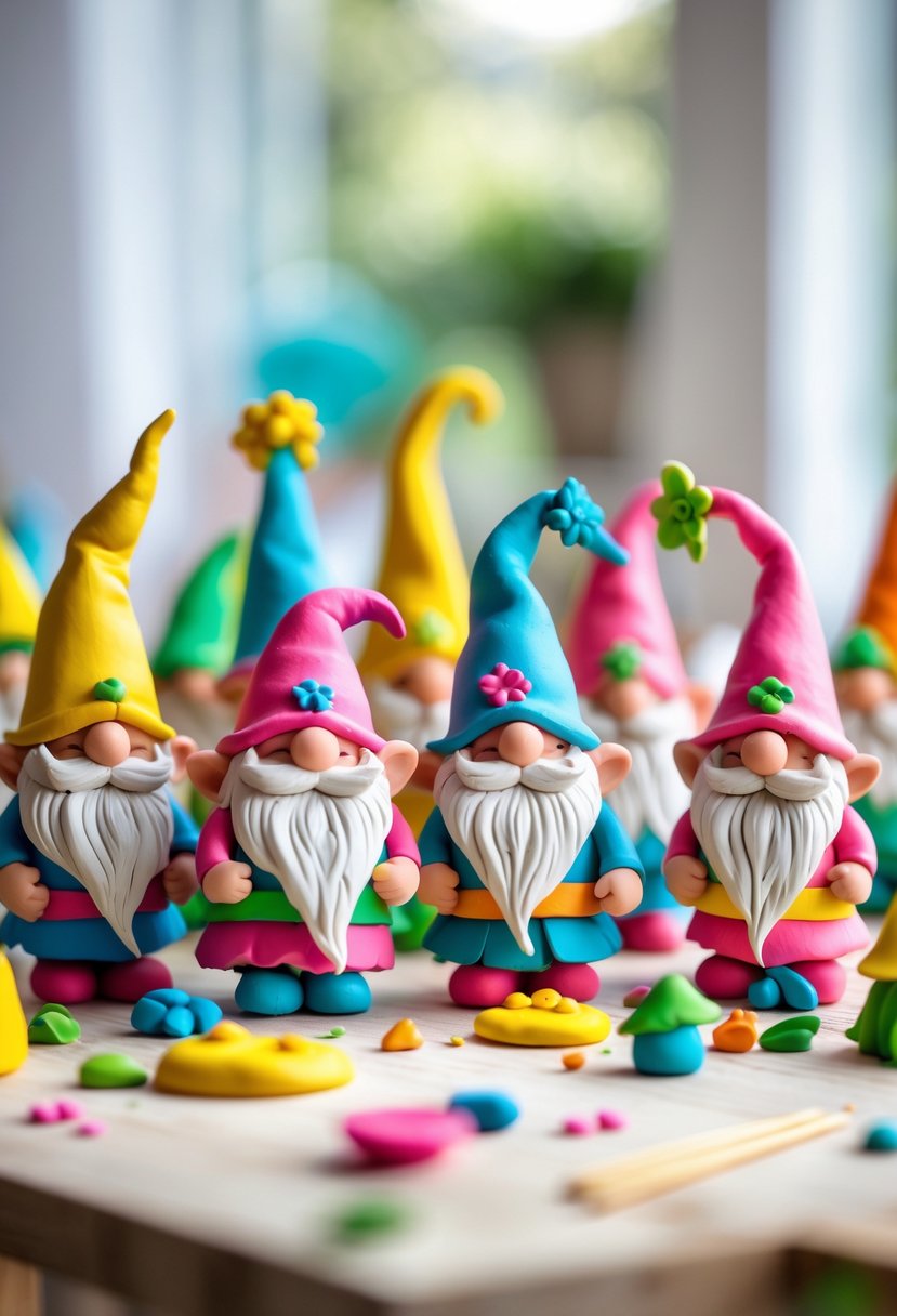 Miniature colorful clay gnomes arranged on a wooden table with crafting tools nearby.